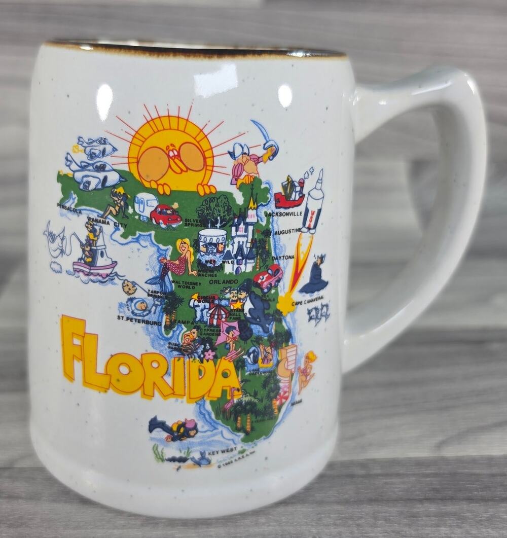 Vintage Florida Map Souvenir Coffee Mug Stein Stoneware 1970s 1980s NASA Disney
